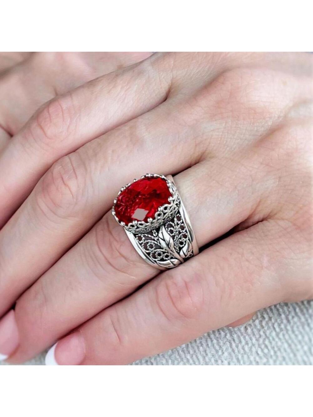 Filigree Ruby Quartz Gemstone Tulip Detailed Sterling Silver Statement Ring